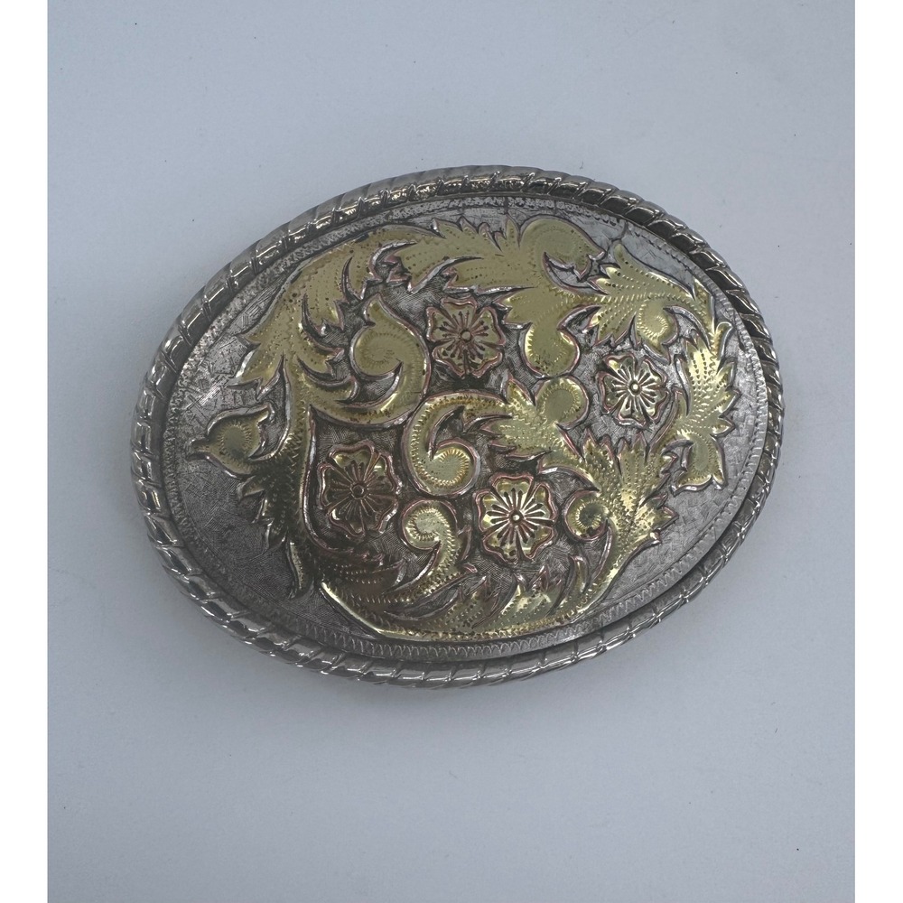 W Western Floral Belt Buckle Silver Gold Tone Scroll Made in USA Two-Tone Oval